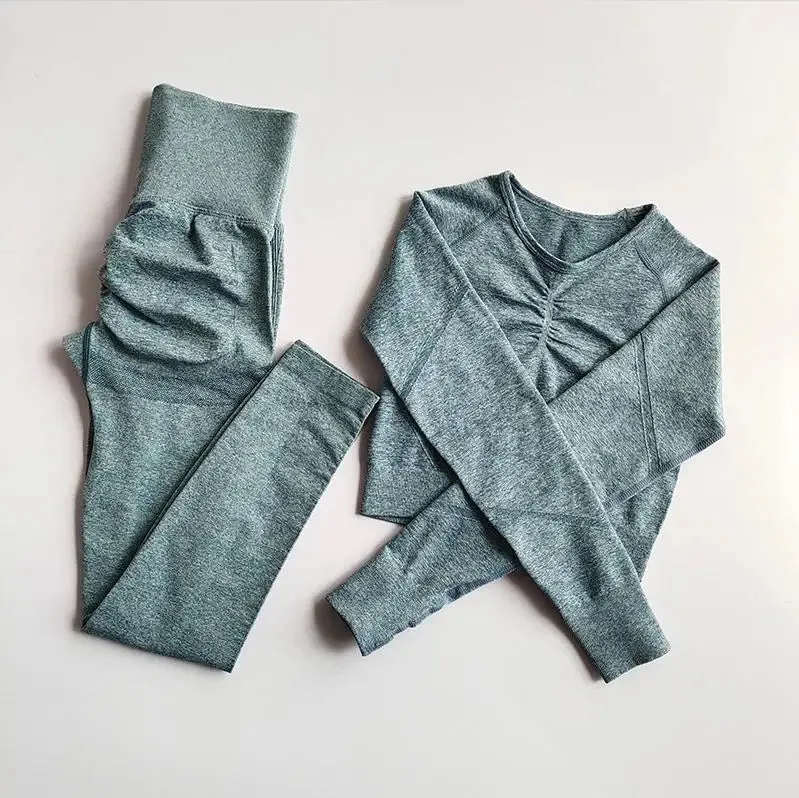 2pcs Women Seamless Yoga Set Sport Suit Gymwear Workout Clothes Long Sleeve Gym Crop Top High Waist Leggings Fitness Sports Wear