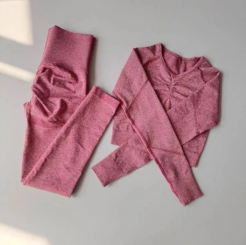 2pcs Women Seamless Yoga Set Sport Suit Gymwear Workout Clothes Long Sleeve Gym Crop Top High Waist Leggings Fitness Sports Wear