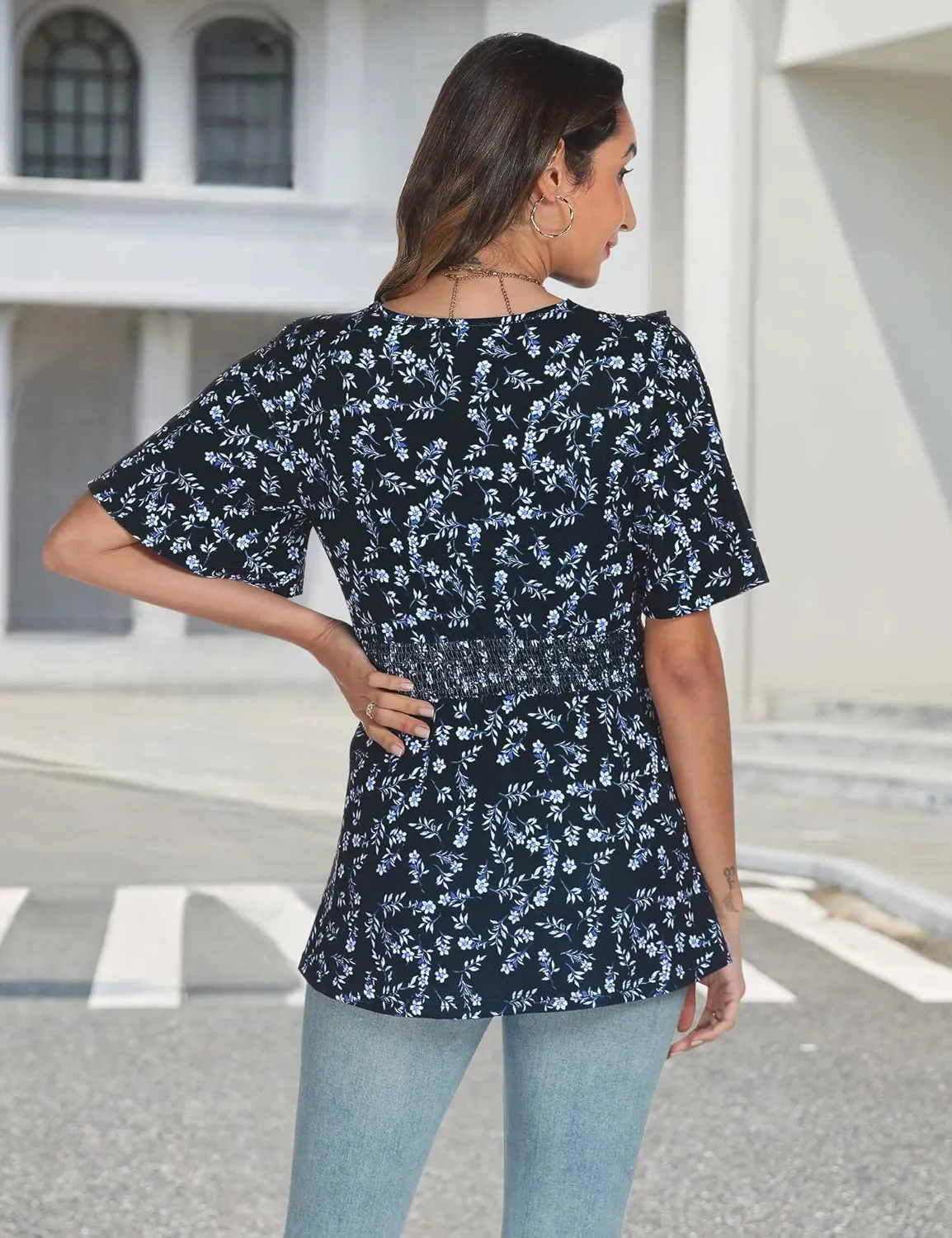 AIMCOO Womens Tunic Tops Short Sleeve Summer Tops Dressy Casual Blouses 2025 V Neck Floral Ruffle Hem Top Shirts