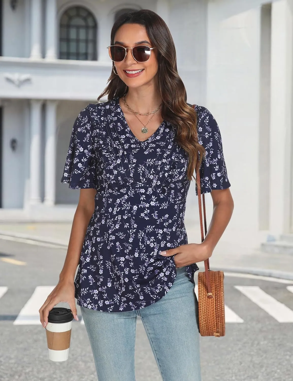 AIMCOO Womens Tunic Tops Short Sleeve Summer Tops Dressy Casual Blouses 2025 V Neck Floral Ruffle Hem Top Shirts