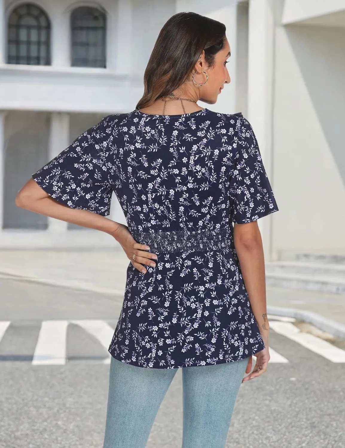 AIMCOO Womens Tunic Tops Short Sleeve Summer Tops Dressy Casual Blouses 2025 V Neck Floral Ruffle Hem Top Shirts