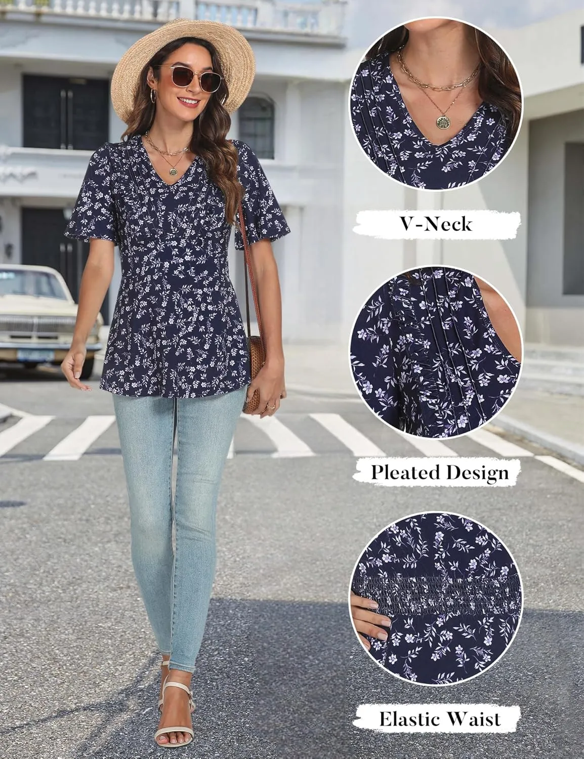 AIMCOO Womens Tunic Tops Short Sleeve Summer Tops Dressy Casual Blouses 2025 V Neck Floral Ruffle Hem Top Shirts