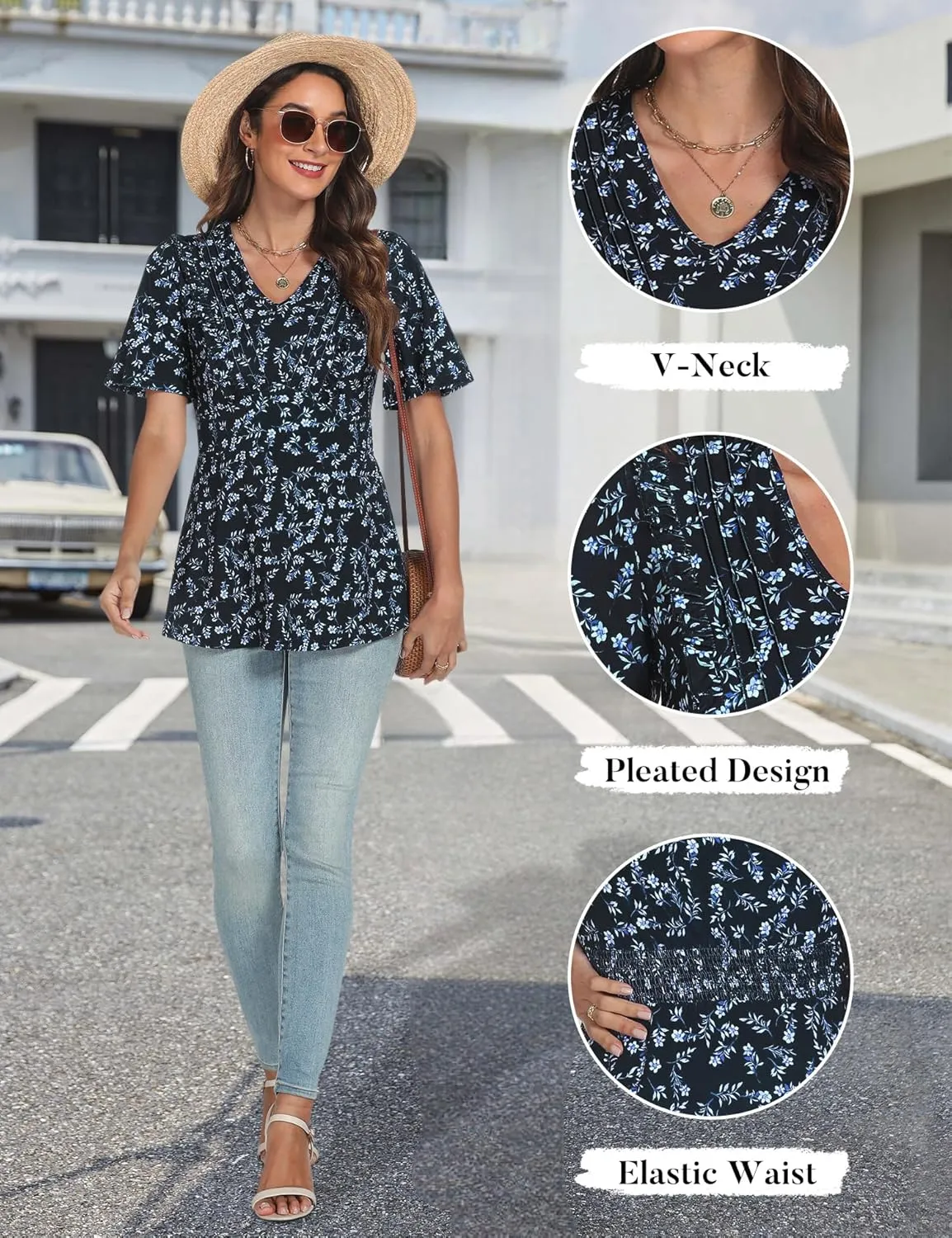 AIMCOO Womens Tunic Tops Short Sleeve Summer Tops Dressy Casual Blouses 2025 V Neck Floral Ruffle Hem Top Shirts