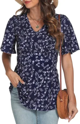 AIMCOO Womens Tunic Tops Short Sleeve Summer Tops Dressy Casual Blouses 2025 V Neck Floral Ruffle Hem Top Shirts