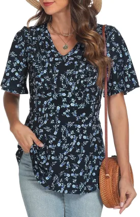 AIMCOO Womens Tunic Tops Short Sleeve Summer Tops Dressy Casual Blouses 2025 V Neck Floral Ruffle Hem Top Shirts