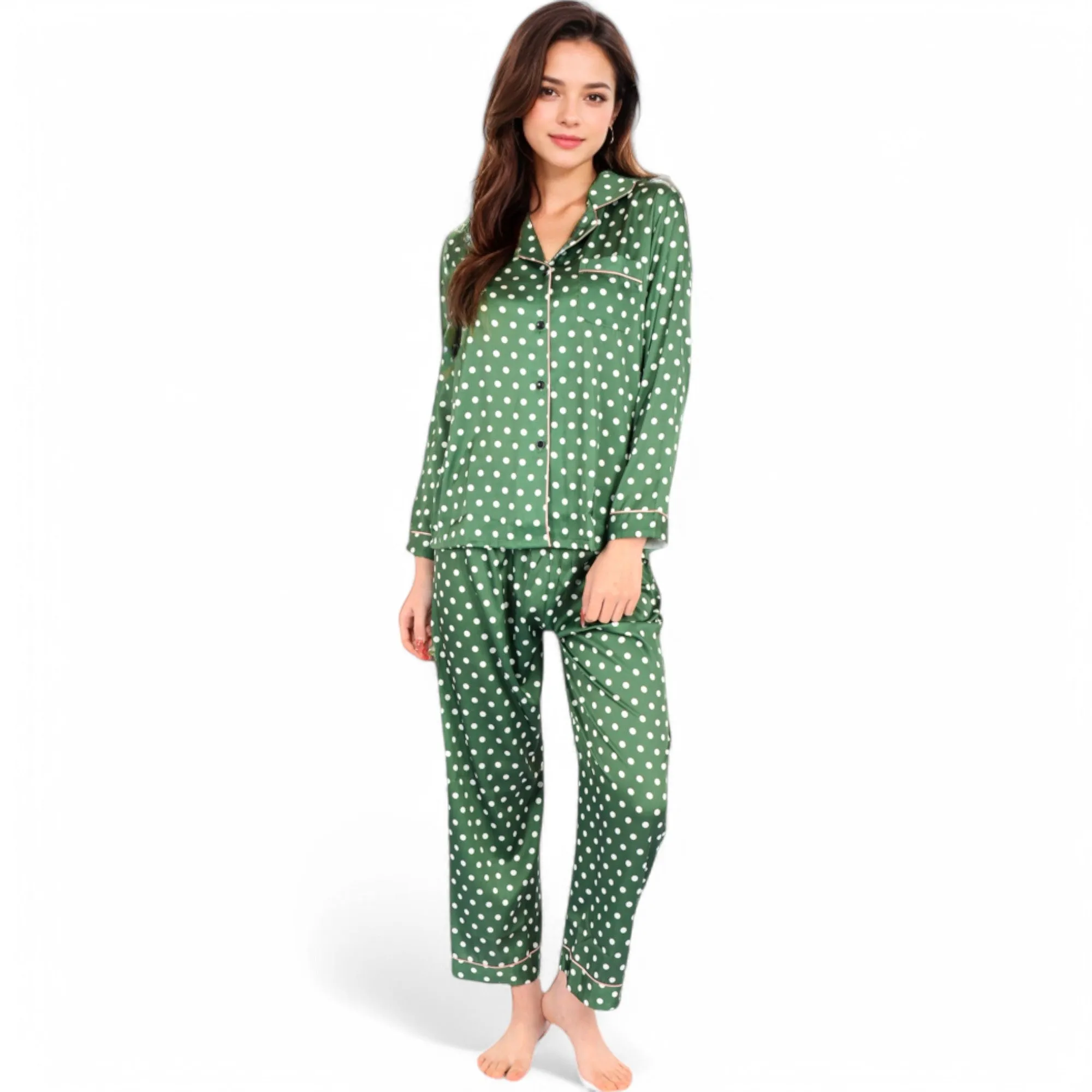 Anna-Kaci Women's Polka Dot Satin Pajama Set with Ruffled Cuffs and Piping Detail