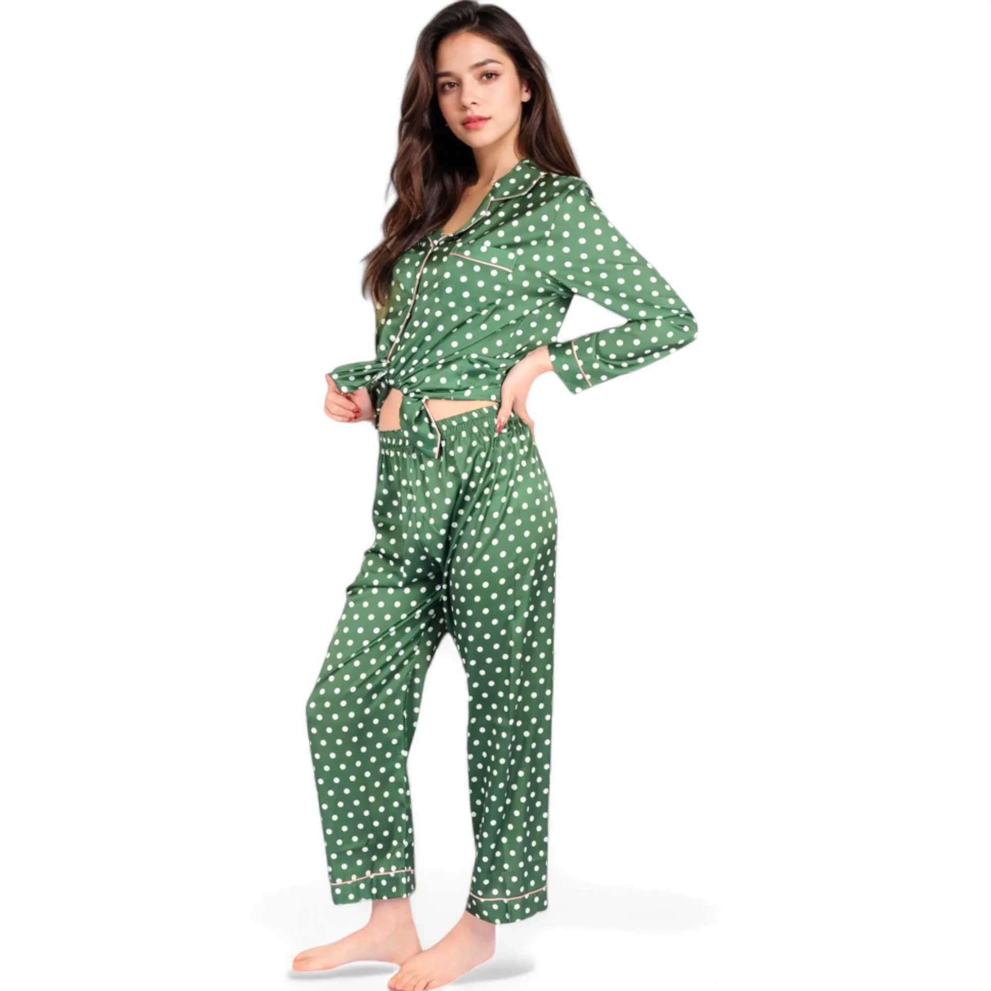 Anna-Kaci Women's Polka Dot Satin Pajama Set with Ruffled Cuffs and Piping Detail