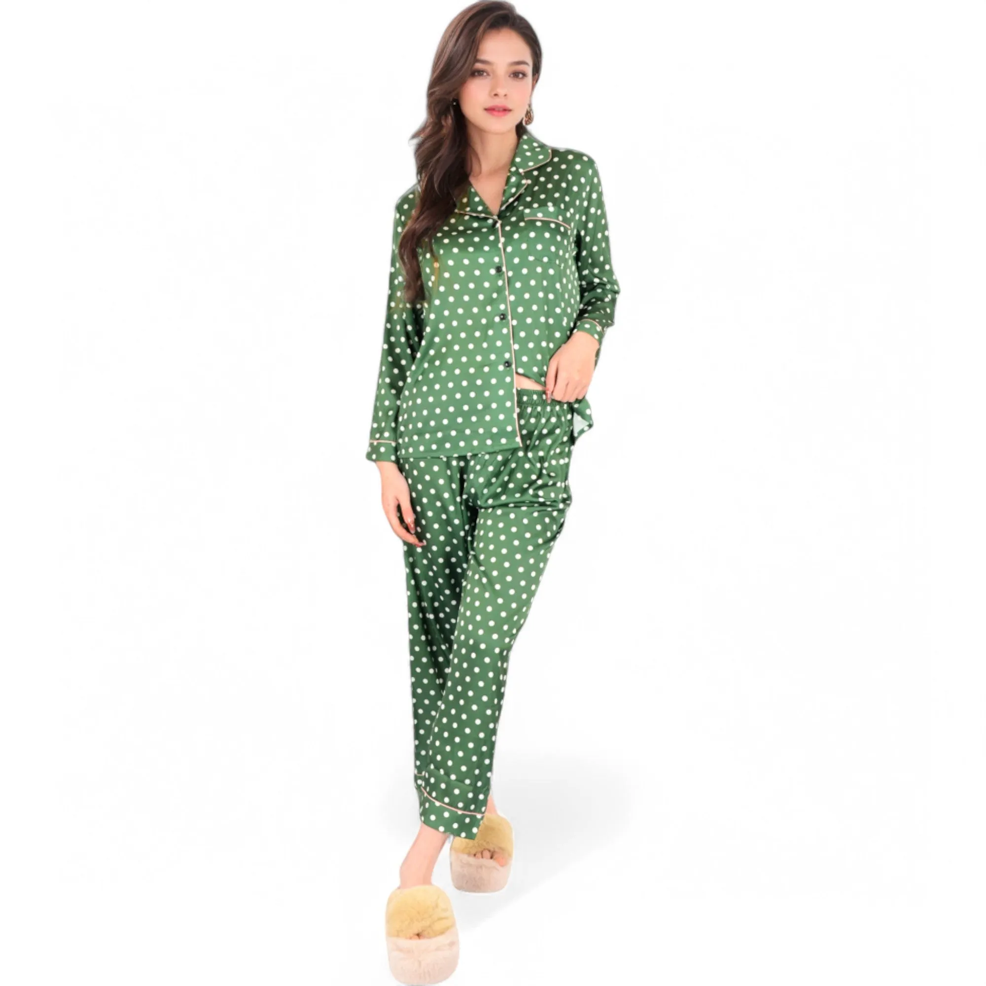 Anna-Kaci Women's Polka Dot Satin Pajama Set with Ruffled Cuffs and Piping Detail