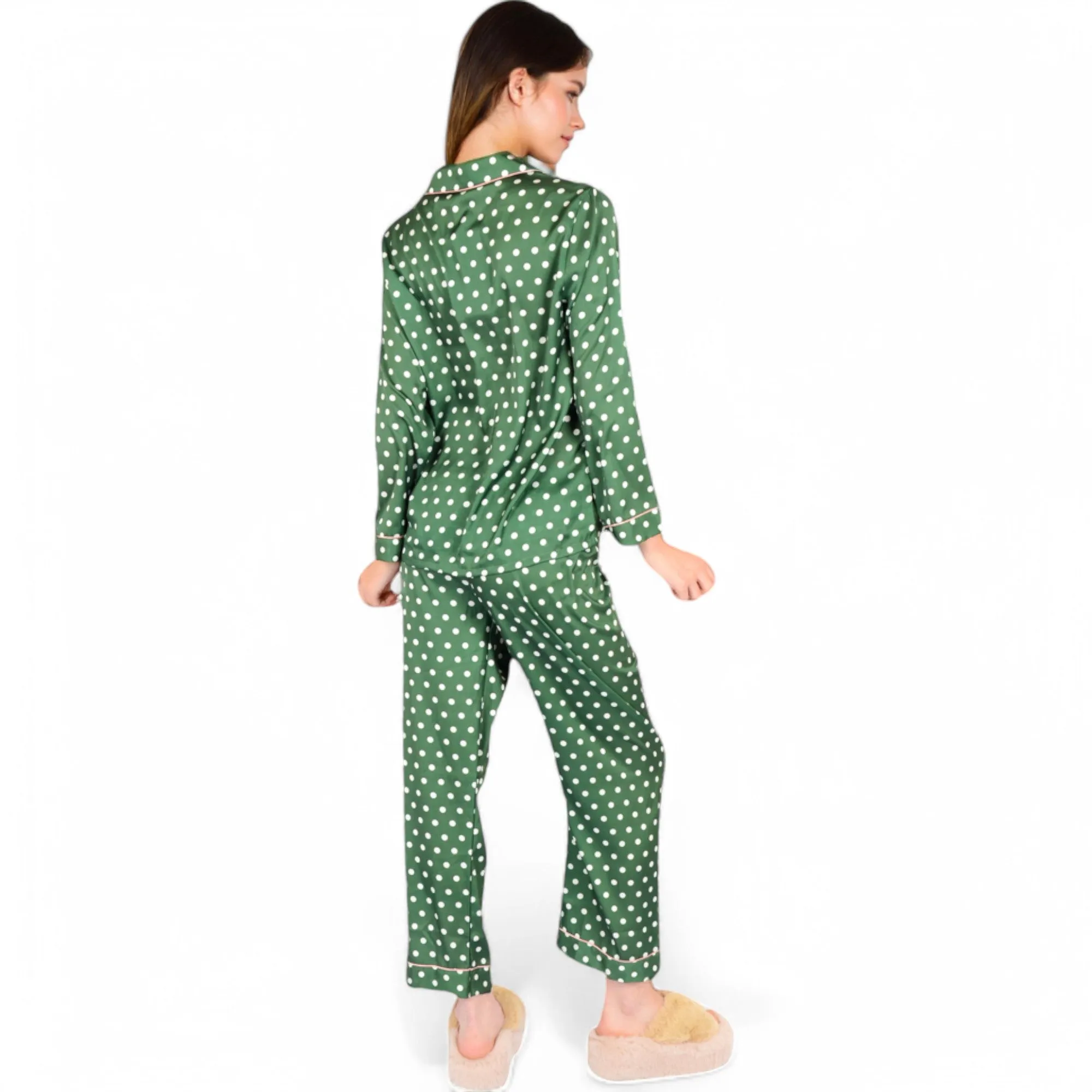 Anna-Kaci Women's Polka Dot Satin Pajama Set with Ruffled Cuffs and Piping Detail