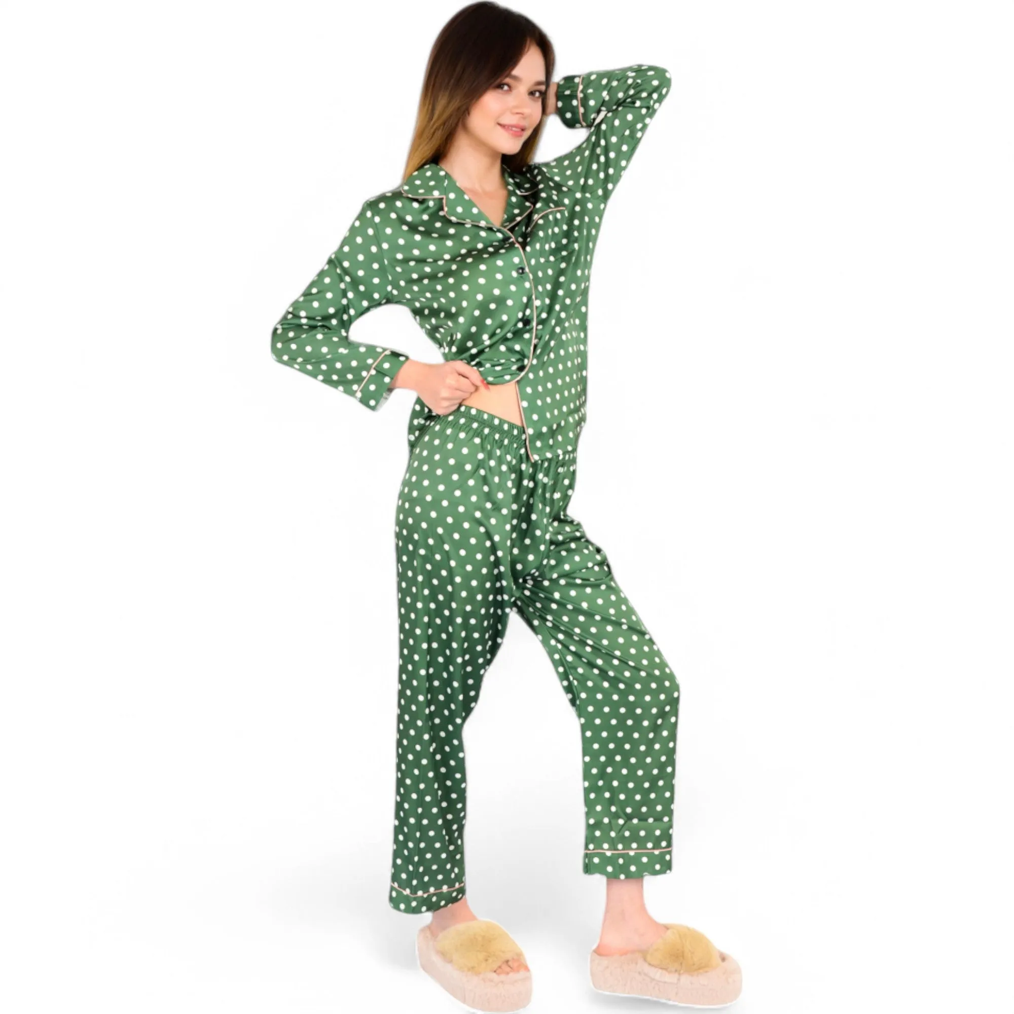 Anna-Kaci Women's Polka Dot Satin Pajama Set with Ruffled Cuffs and Piping Detail