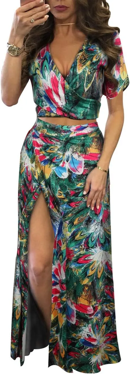 Aro Lora Women's Sexy V Neck Floral Printed Side Slit Two-Piece Maxi Dress