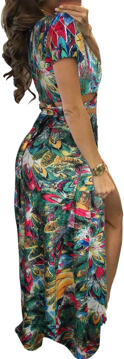 Aro Lora Women's Sexy V Neck Floral Printed Side Slit Two-Piece Maxi Dress