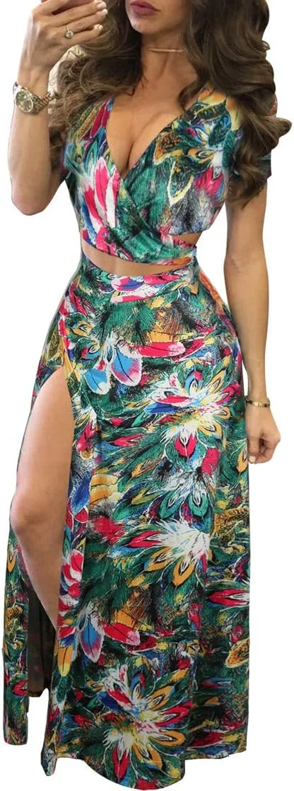 Aro Lora Women's Sexy V Neck Floral Printed Side Slit Two-Piece Maxi Dress