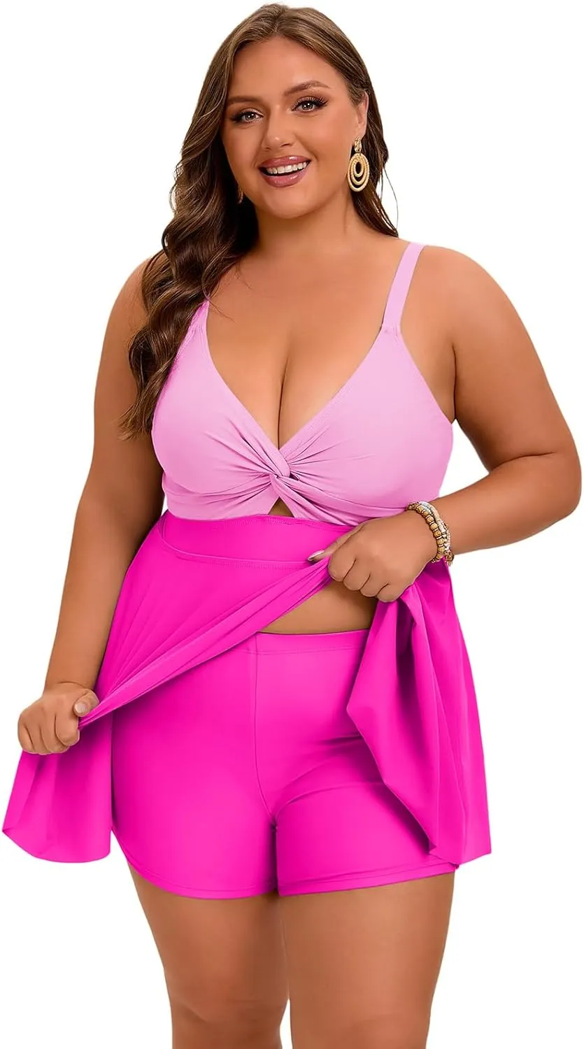 Arolina Plus Size Bathing Suit for Women Swim Dress Tummy Control Swimsuits Two Piece Flowy Tankini with Shorts