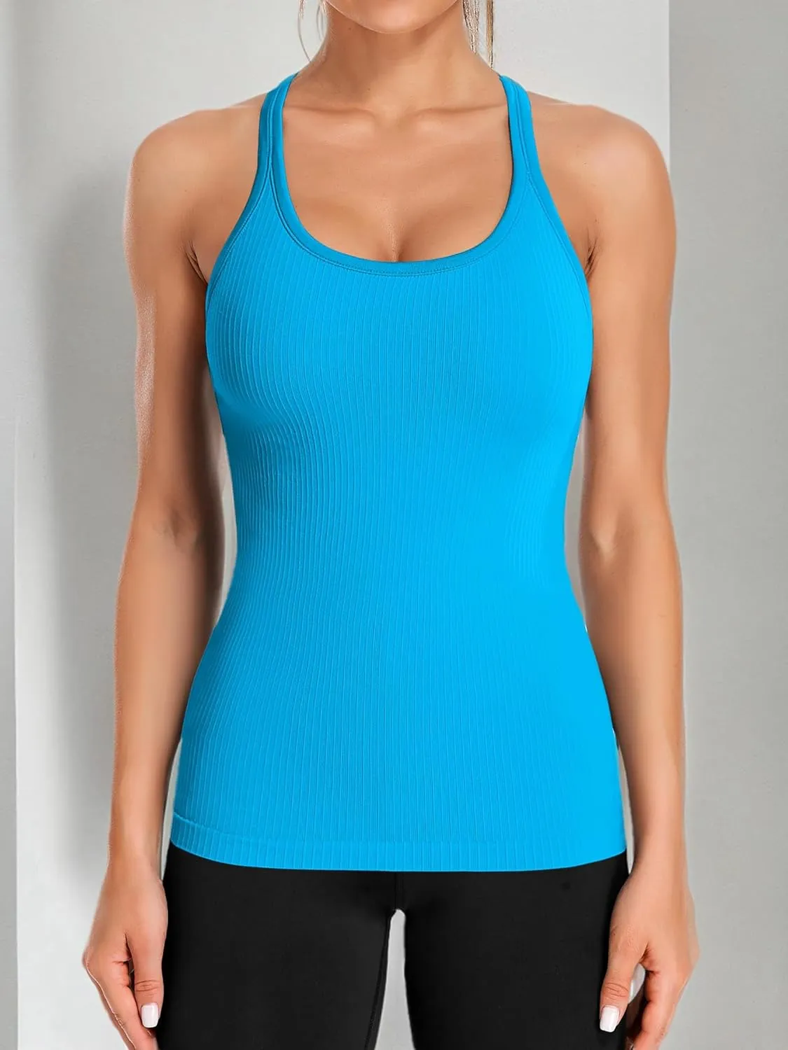 ATTRACO Ribbed Workout Tank Tops for Women with Built in Bra Tight Racerback Scoop Neck Athletic Top