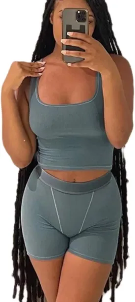 AYWA Casual Workout Sets Two Piece Outfits for Women Ribbed Crop Tank Top High Waist Leggings Active Wear