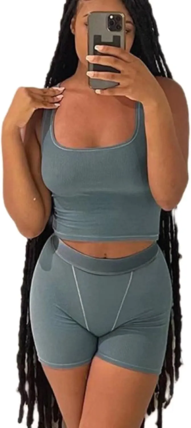 AYWA Casual Workout Sets Two Piece Outfits for Women Ribbed Crop Tank Top High Waist Leggings Active Wear
