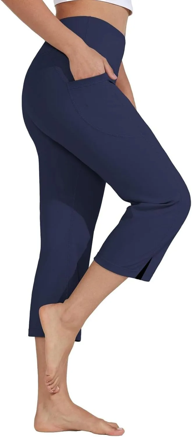 Capri Pants for Women Dressy Casual Stretch Wide Leg Yoga Dress Capris Summer Loose Split Work Crop Pant with Pocket