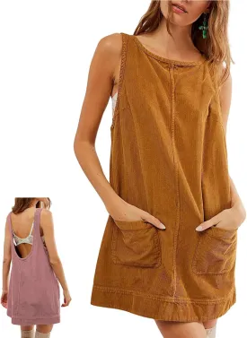 Corduroy Overall Dress for Women 2024 Round Neck Skirtall Jumper A Line Mini Romper Pinafore with Pockets