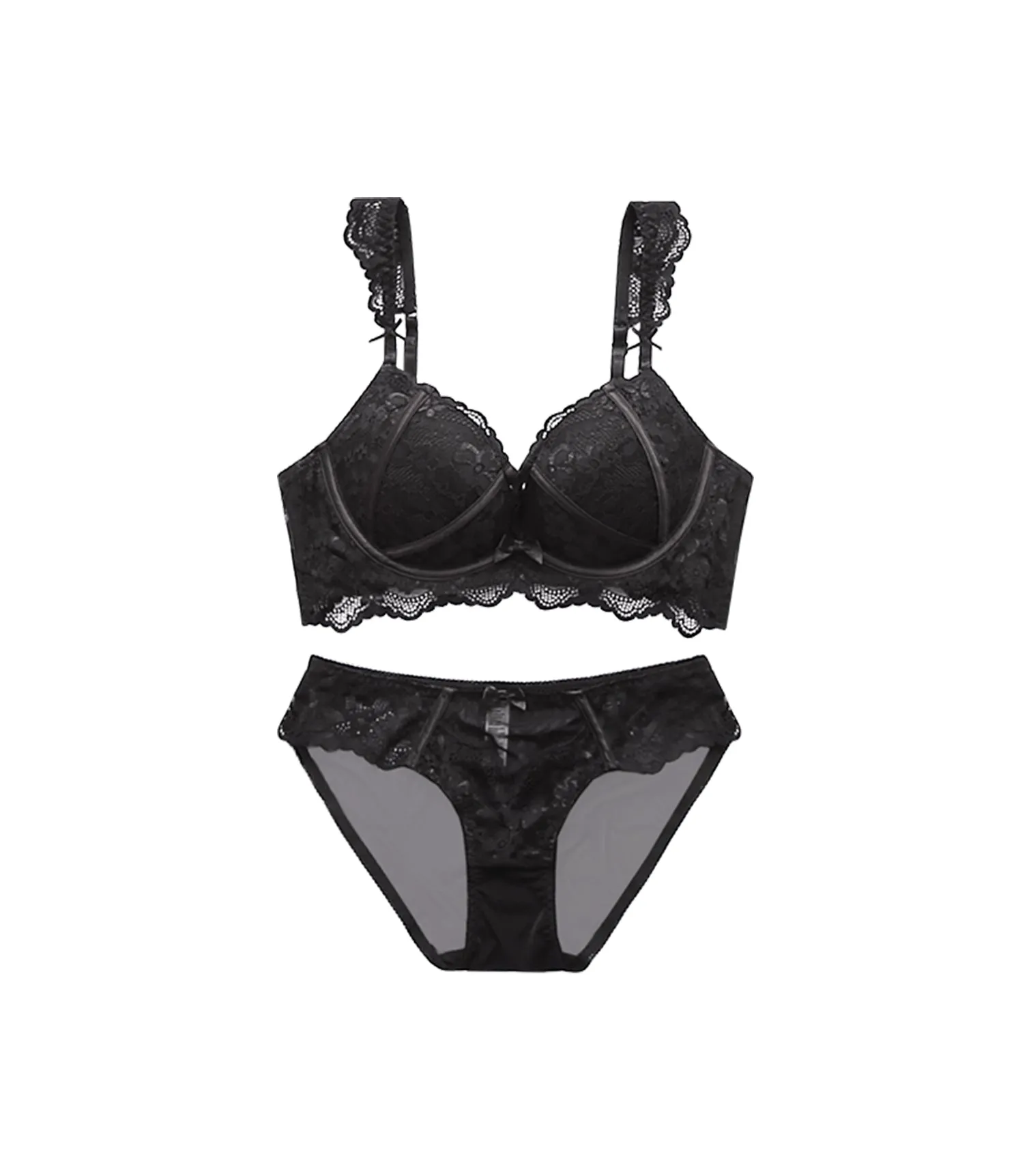 Deep Groove Laces Flower Shell Concentrated Bralette Bra Set Black