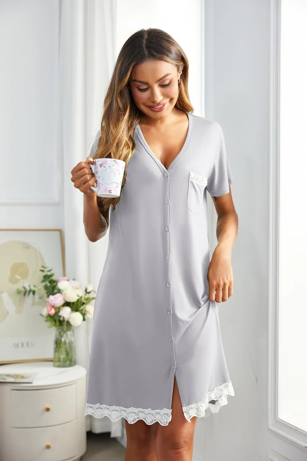 Ekouaer Women Striped Nightgowns Button Down Sleepshirts Short Sleeves Nightshirts