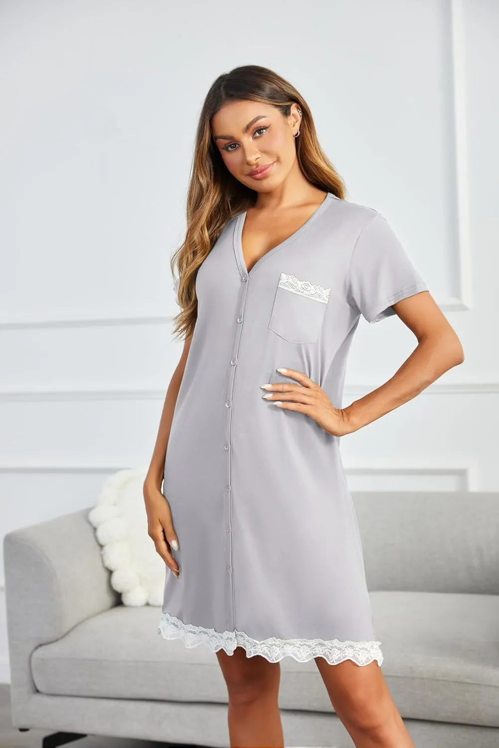 Ekouaer Women Striped Nightgowns Button Down Sleepshirts Short Sleeves Nightshirts