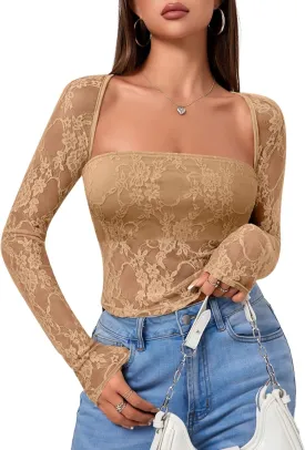 Going Out Tops for Women Long Sleeve 2 Piece Square Neck Tank Top Lace Mesh Sheer Crop Tops Strapless Shirts