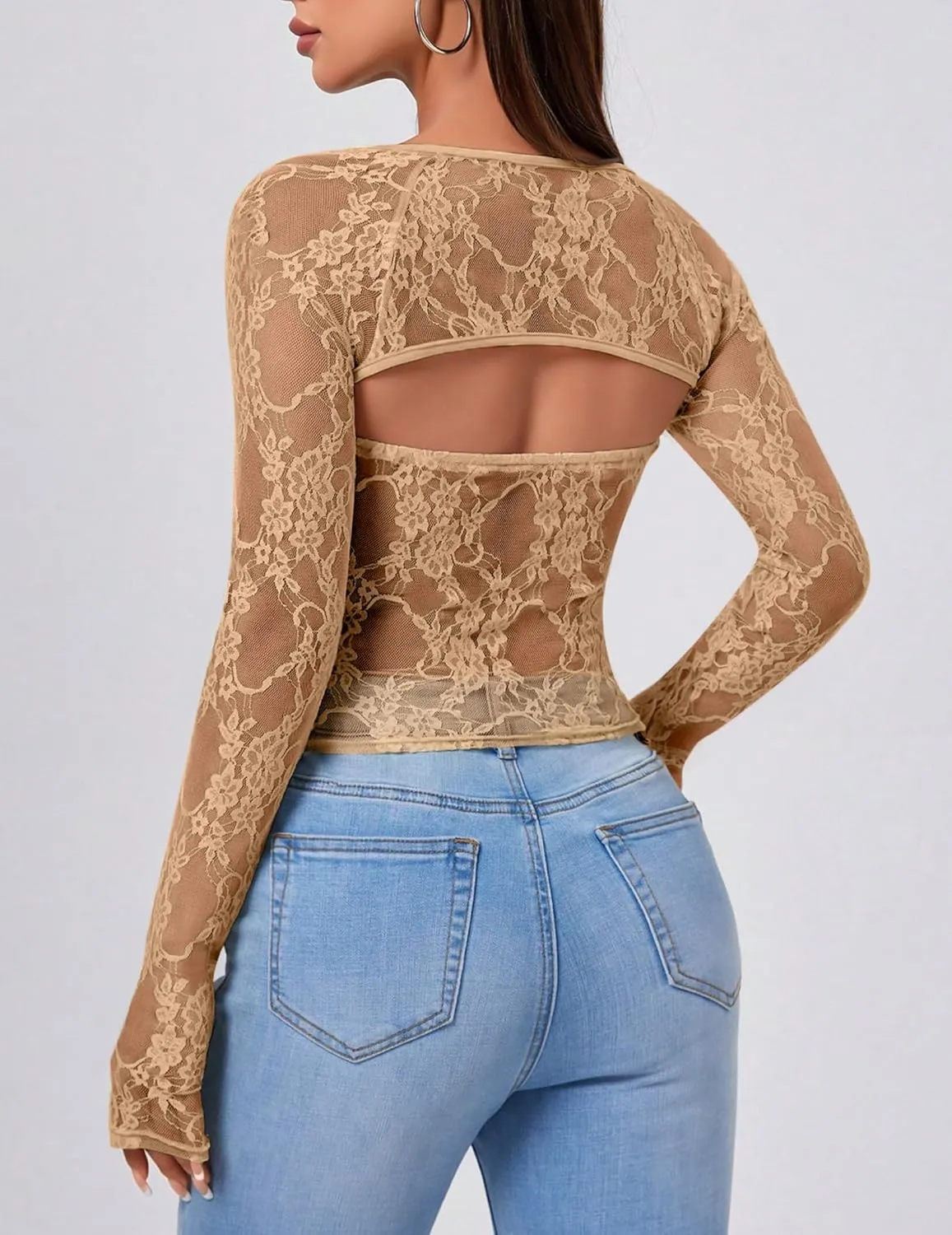 Going Out Tops for Women Long Sleeve 2 Piece Square Neck Tank Top Lace Mesh Sheer Crop Tops Strapless Shirts