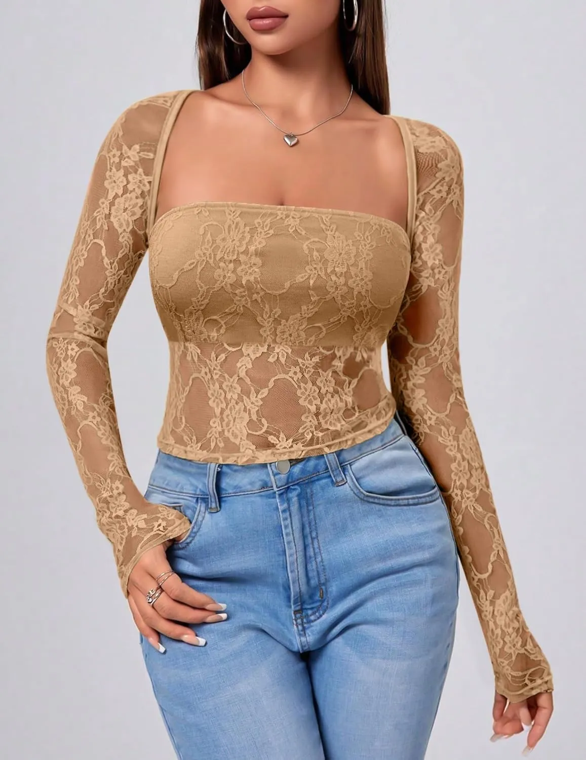 Going Out Tops for Women Long Sleeve 2 Piece Square Neck Tank Top Lace Mesh Sheer Crop Tops Strapless Shirts