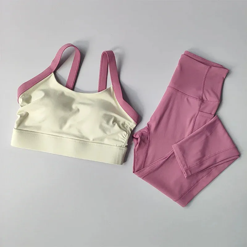 High-Intensity Color Block Yoga Set - 2PCS Cross Back Sports Bra & High-Waist Hip-Lift Leggings for Fitness