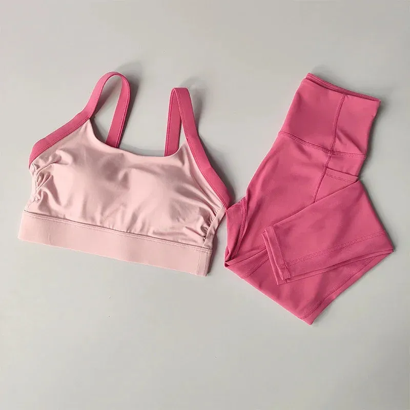 High-Intensity Color Block Yoga Set - 2PCS Cross Back Sports Bra & High-Waist Hip-Lift Leggings for Fitness