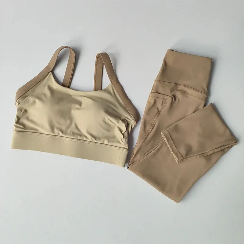 High-Intensity Color Block Yoga Set - 2PCS Cross Back Sports Bra & High-Waist Hip-Lift Leggings for Fitness