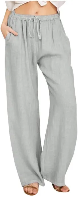 Hvyesh Womens Cotton Linen Pants Casual Straight Fit Elastic Waisted Drawsting Trousers Summer Loose Comfy Pants with Pocket