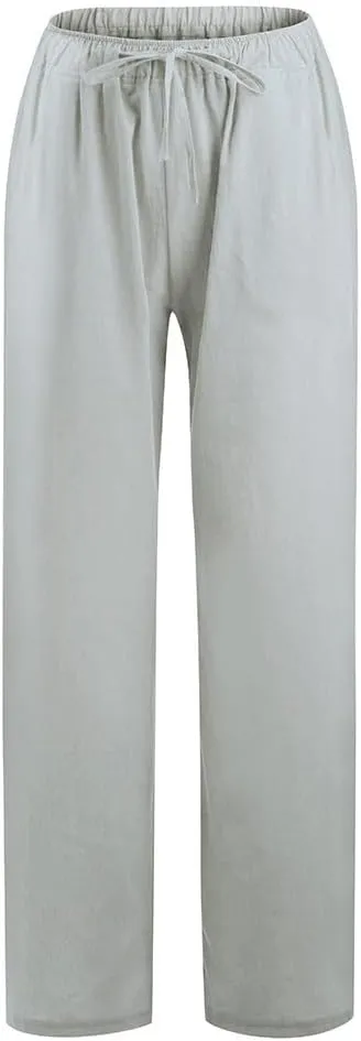 Hvyesh Womens Cotton Linen Pants Casual Straight Fit Elastic Waisted Drawsting Trousers Summer Loose Comfy Pants with Pocket