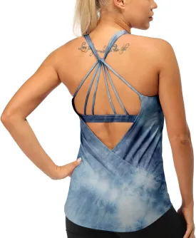 icyzone Built in Bra Workout Tank Tops for Women - Open Back Strappy Athletic Yoga Tops Exercise Running Gym Shirts