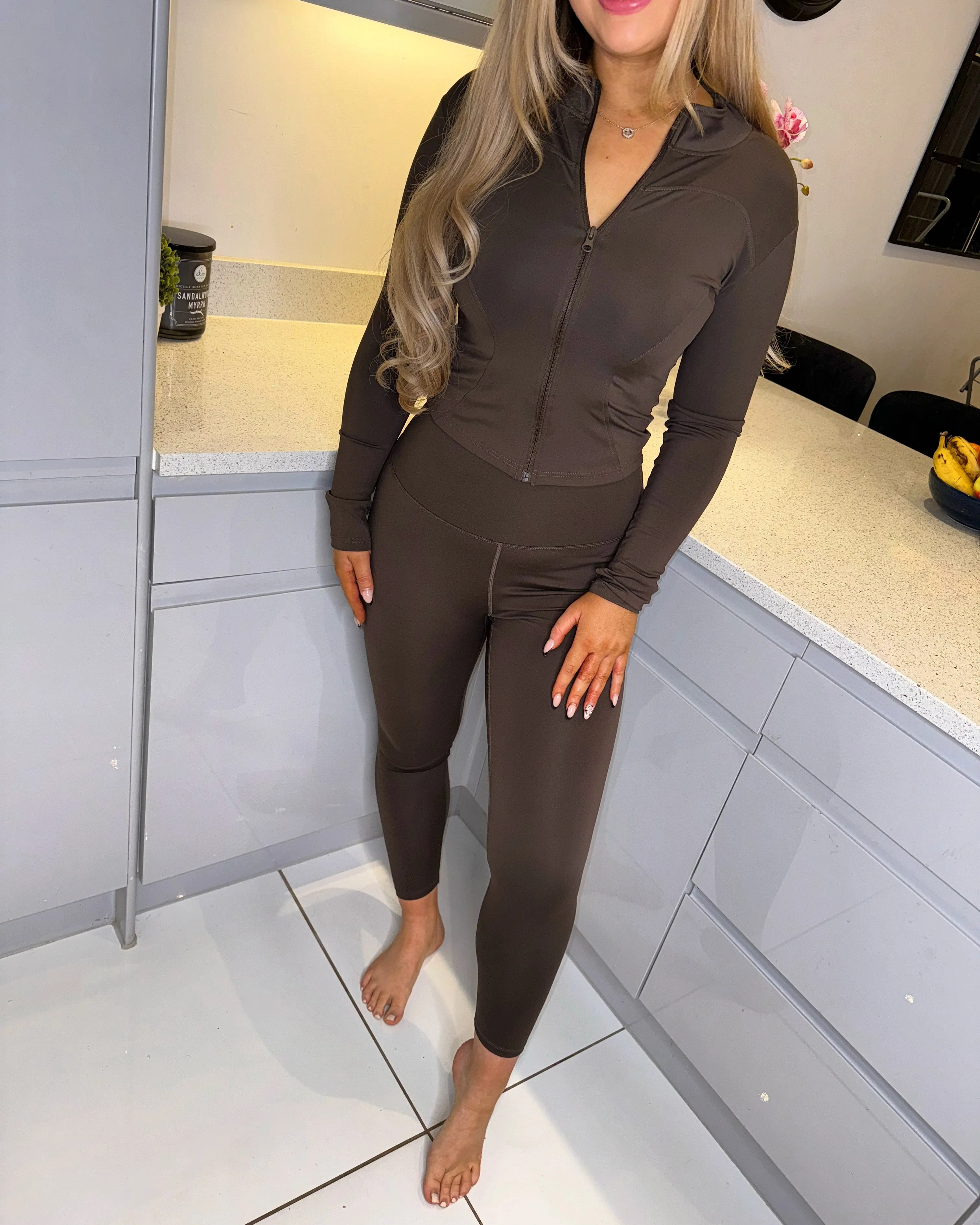 ‘Imogen' Chocolate Brown Zip Front Long Sleeves Top & Leggings Gym co-Set