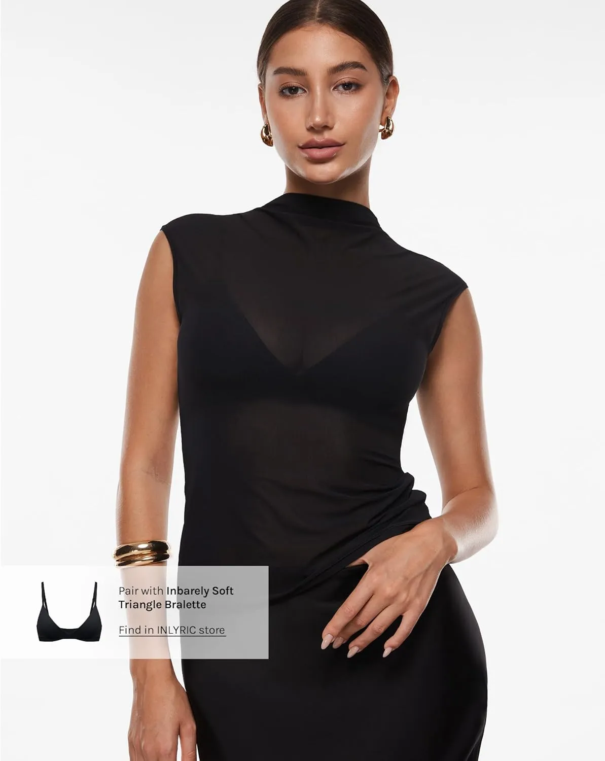 INLYRIC Women's Cosnufy Mesh Sheer Mock Turtle Neck Tank Tops See Through Sleeveless Sexy Summer Going Out Tops
