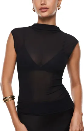 INLYRIC Women's Cosnufy Mesh Sheer Mock Turtle Neck Tank Tops See Through Sleeveless Sexy Summer Going Out Tops