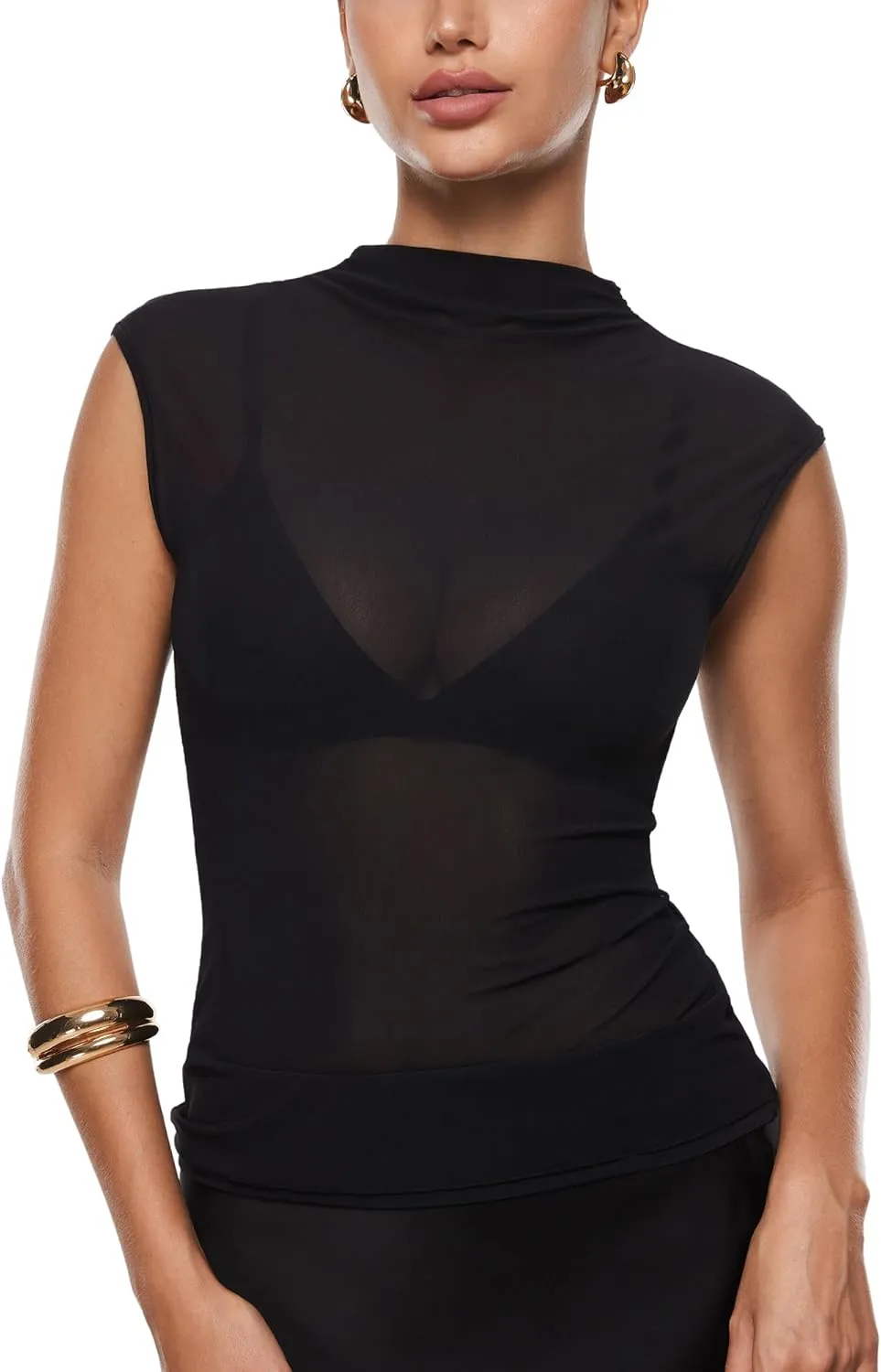 INLYRIC Women's Cosnufy Mesh Sheer Mock Turtle Neck Tank Tops See Through Sleeveless Sexy Summer Going Out Tops