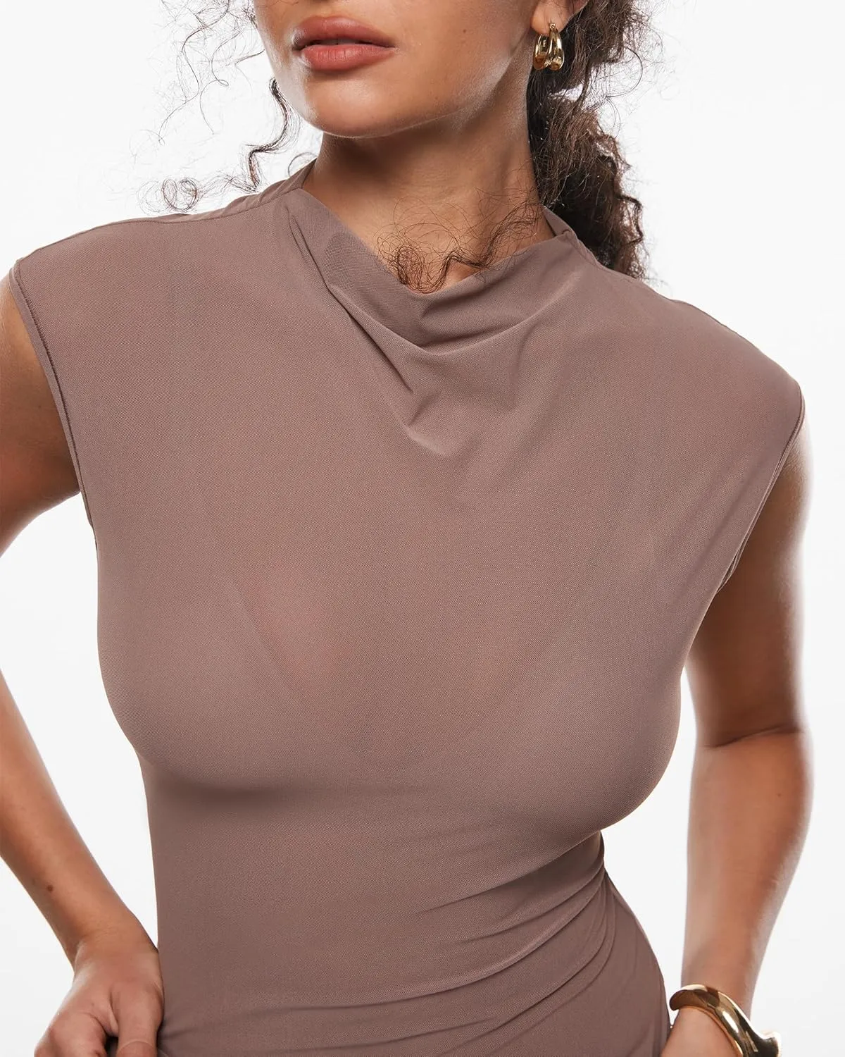 INLYRIC Women's Cosnufy Mesh Sheer Mock Turtle Neck Tank Tops See Through Sleeveless Sexy Summer Going Out Tops