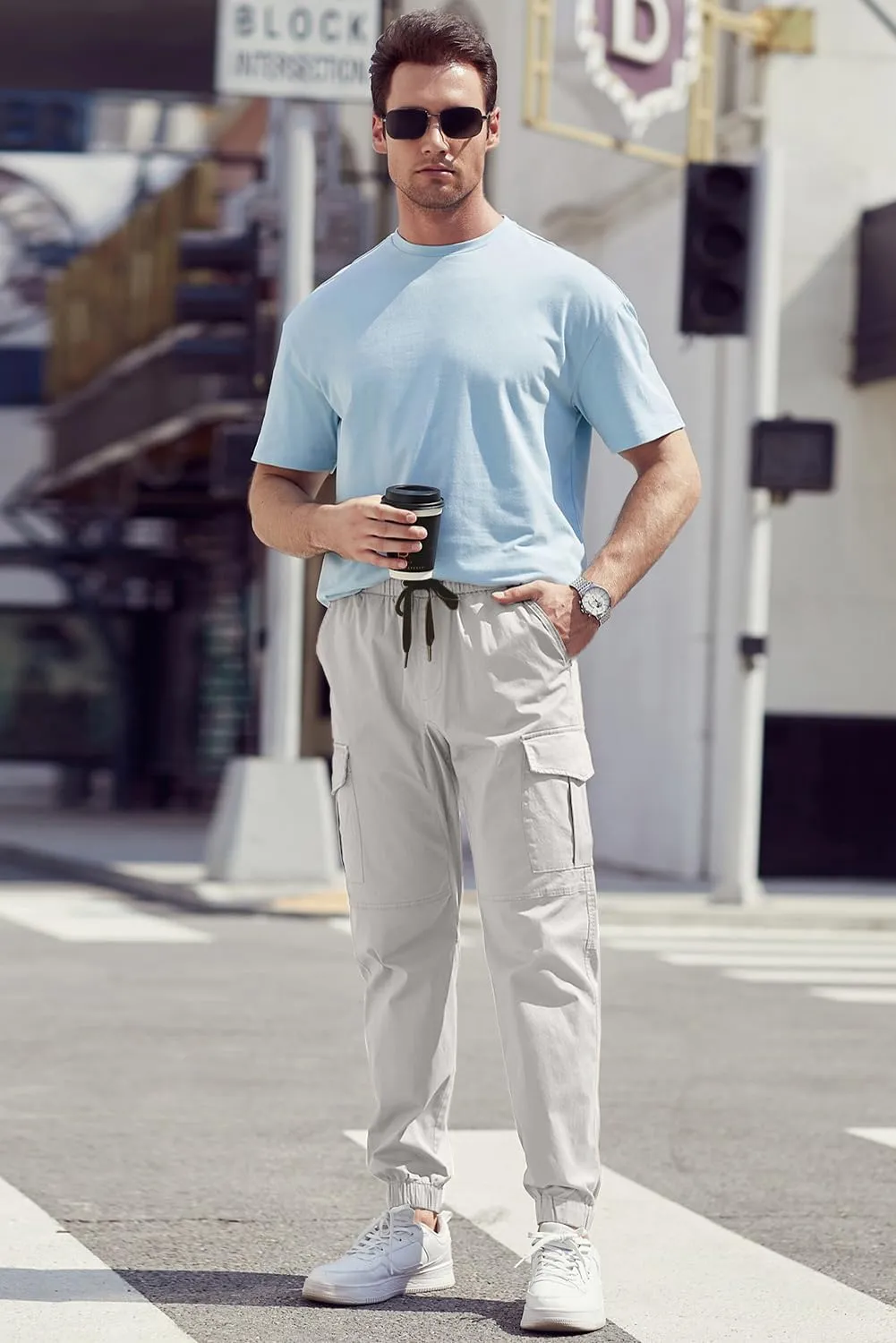 JMIERR Mens Fashion Cargo Pants - Casual Cotton Tapered Stretch Twill Drawstring Athletic Joggers Sweatpants with 6 Pockets