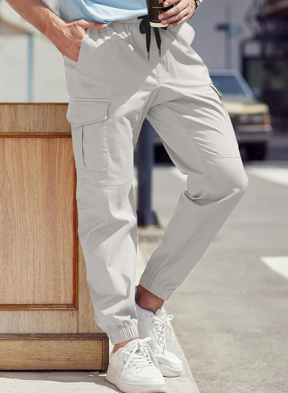 JMIERR Mens Fashion Cargo Pants - Casual Cotton Tapered Stretch Twill Drawstring Athletic Joggers Sweatpants with 6 Pockets