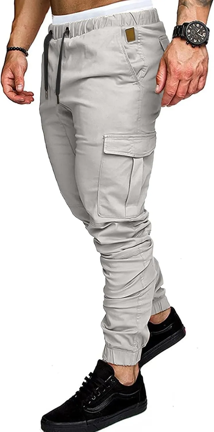 JMIERR Mens Fashion Cargo Pants - Casual Cotton Tapered Stretch Twill Drawstring Athletic Joggers Sweatpants with 6 Pockets