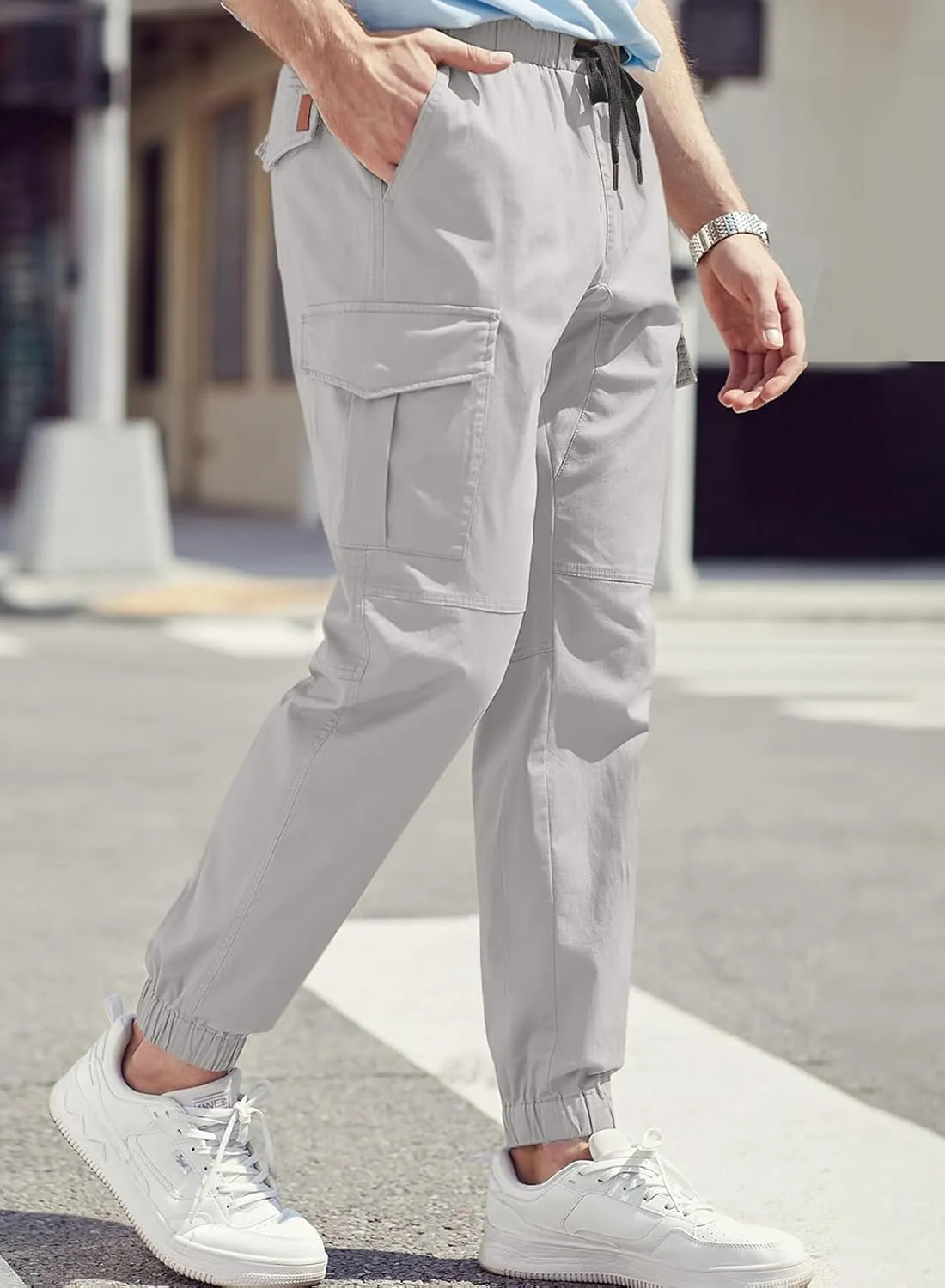 JMIERR Mens Fashion Cargo Pants - Casual Cotton Tapered Stretch Twill Drawstring Athletic Joggers Sweatpants with 6 Pockets