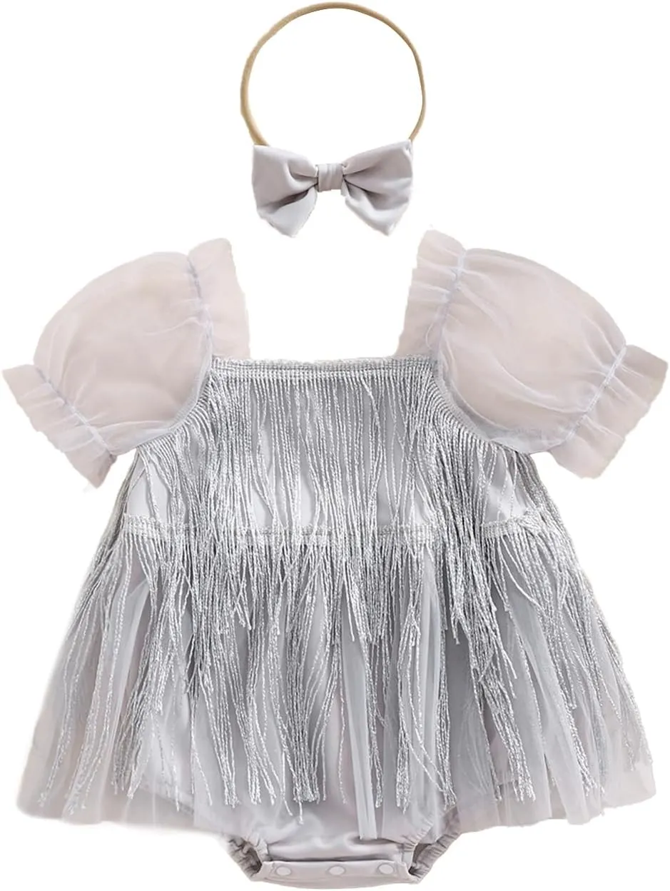 KMBANGI Toddler Baby Girl Sequin Fringe Romper Dress Puff Short Sleeve Sparkly Romper Birthday Princess Outfit Summer Clothes