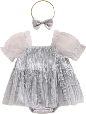 KMBANGI Toddler Baby Girl Sequin Fringe Romper Dress Puff Short Sleeve Sparkly Romper Birthday Princess Outfit Summer Clothes