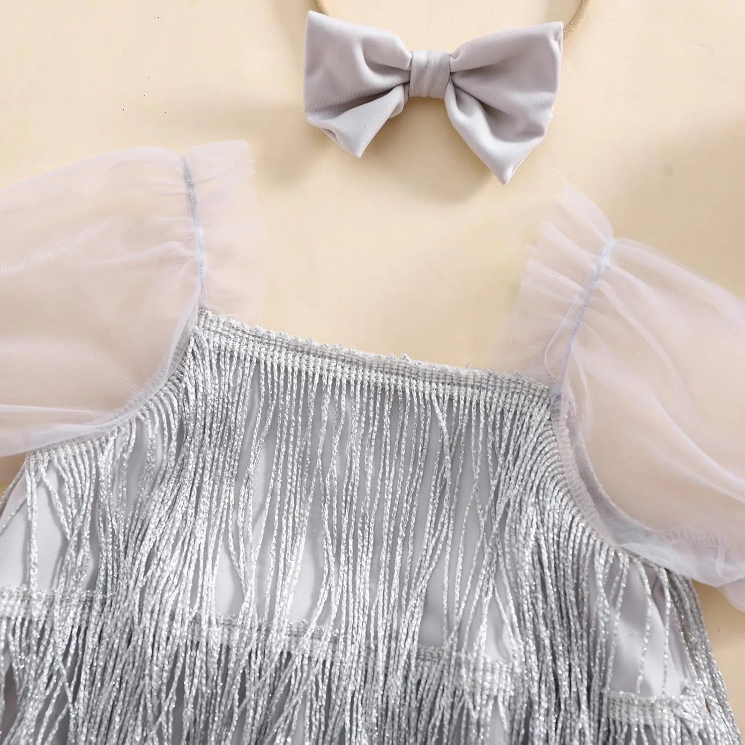 KMBANGI Toddler Baby Girl Sequin Fringe Romper Dress Puff Short Sleeve Sparkly Romper Birthday Princess Outfit Summer Clothes