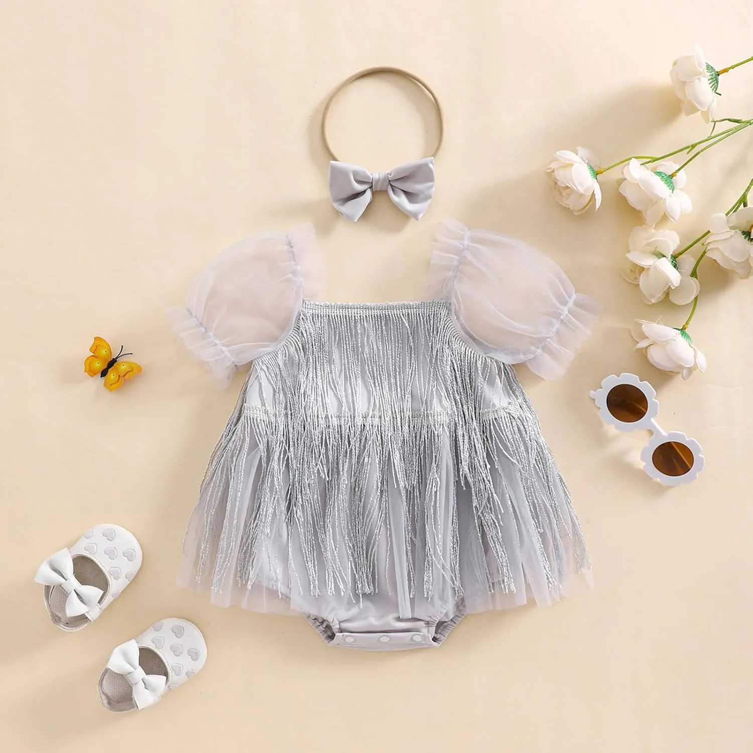 KMBANGI Toddler Baby Girl Sequin Fringe Romper Dress Puff Short Sleeve Sparkly Romper Birthday Princess Outfit Summer Clothes