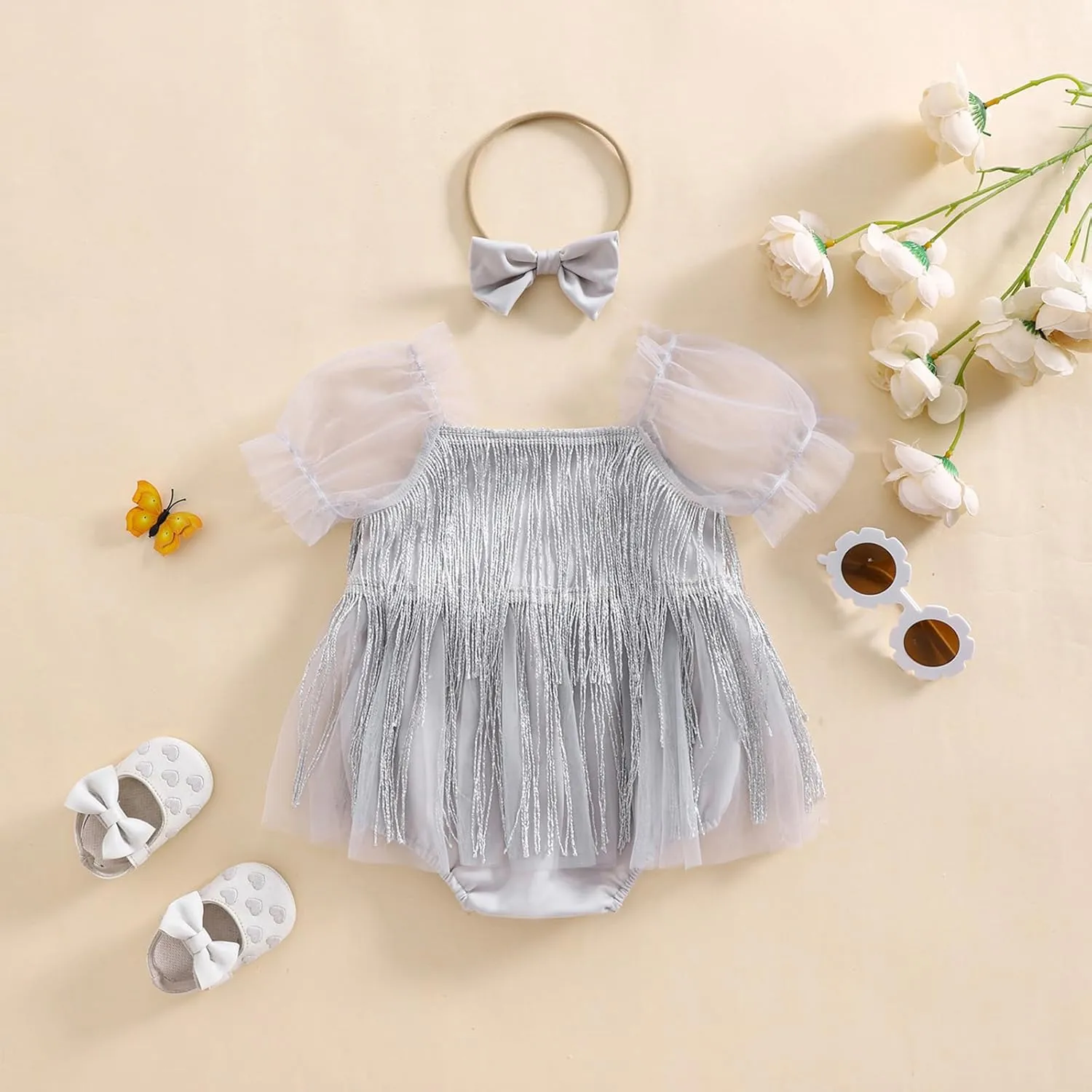 KMBANGI Toddler Baby Girl Sequin Fringe Romper Dress Puff Short Sleeve Sparkly Romper Birthday Princess Outfit Summer Clothes