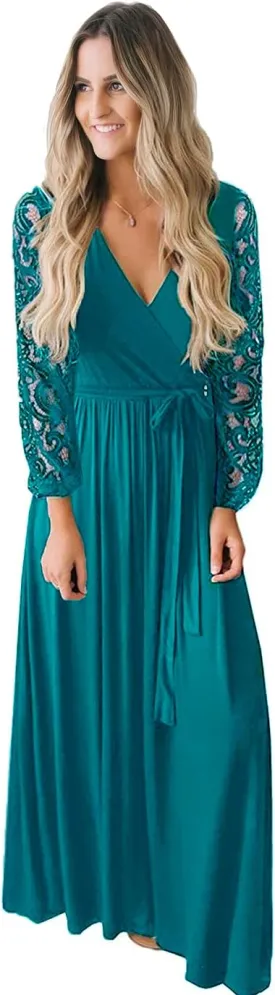 Kranda Womens Vintage Floral Lace Long Sleeve Faux Wrap V Neck Party Long Maxi Dress